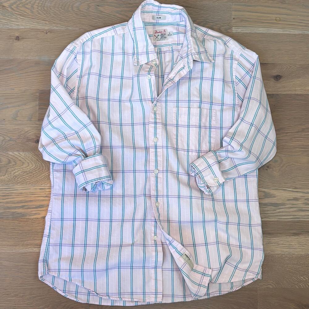 J. Crew The Broken In Oxford Shirt Slim Fit Organic Cotton Pink Check Men Large